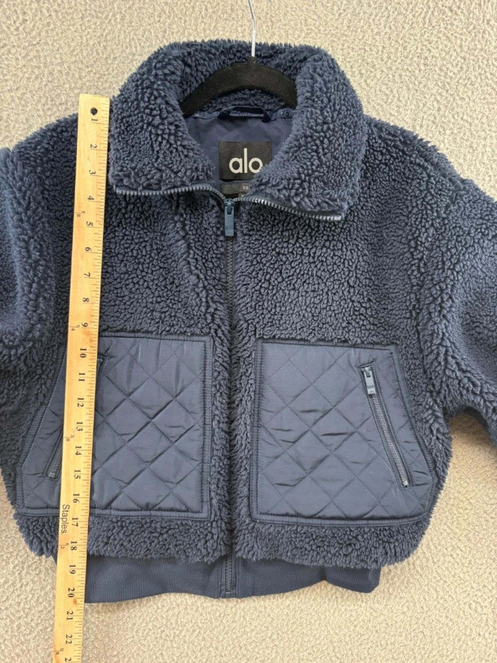 Alo Yoga Sherpa Edge Bomber Jacket Navy Cropped Teddy Fleece XS